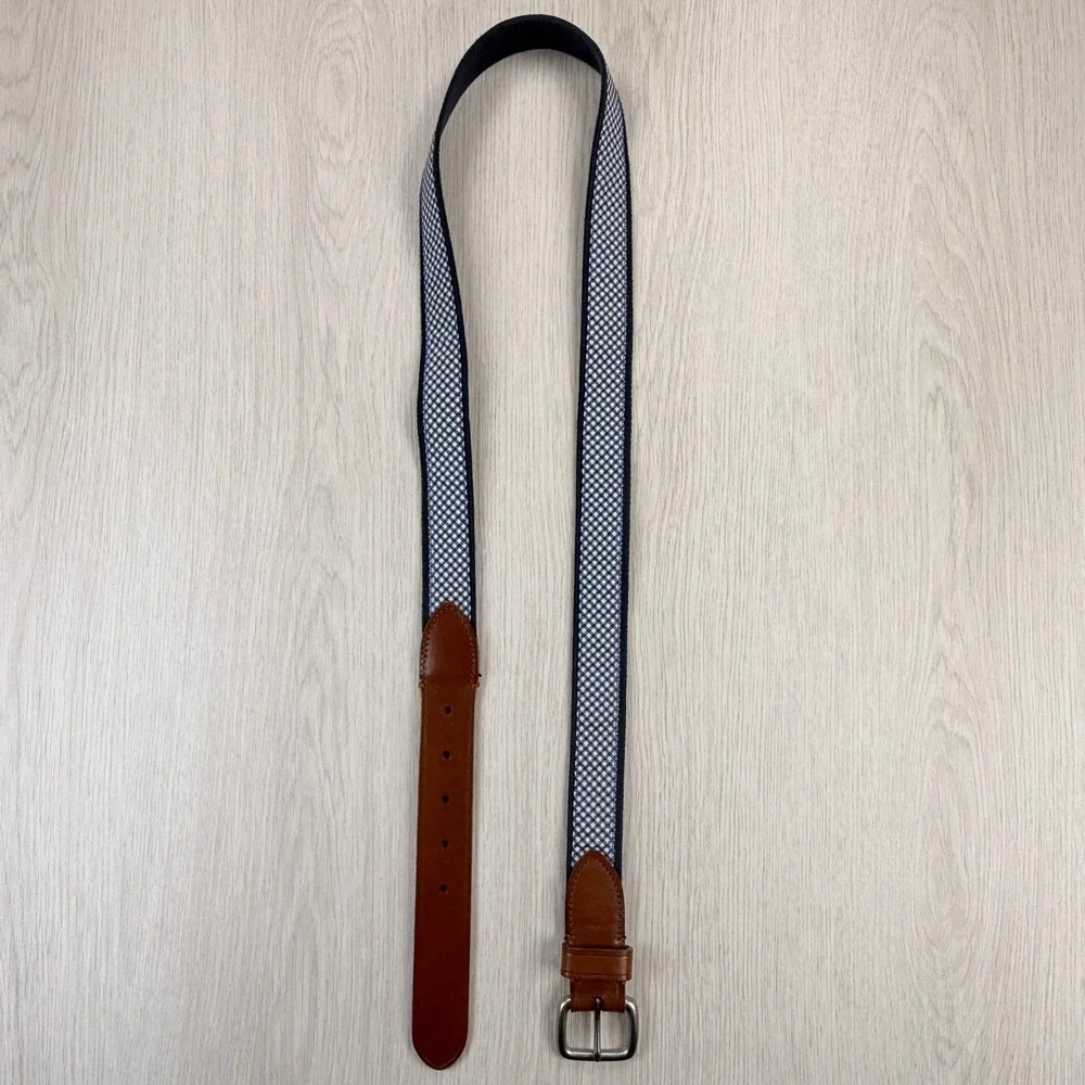 J.Crew Mens Belt Size 40 Navy White‎ Gingham Canvas Brown Leather Trim Preppy